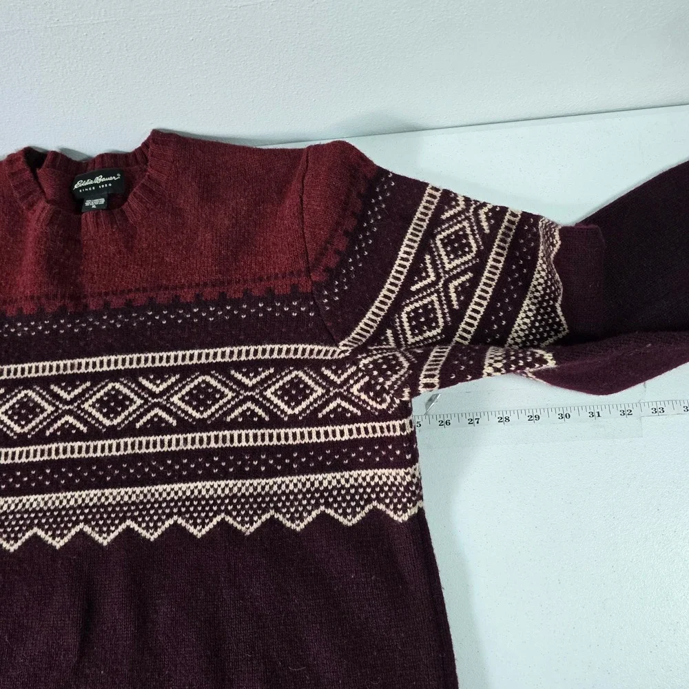 Eddie Bauer Mens XL Burgundy 100% Lambswool Fair Isle Crewneck Sweater 12759 - Picture 2 of 6